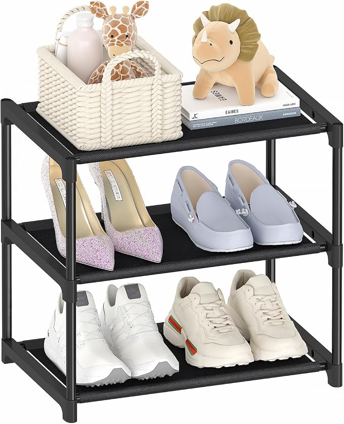 Autonomier 3 Tier Extra Small Shoe Rack (16.3" Wide), Narrow Stackable Shoe Shelf for Kids Toddler Adult, Ultra-Lightweight Shoe Rack Stand for Closet Dorm Bedroom Storage Organizer, Entryway by Autonomier