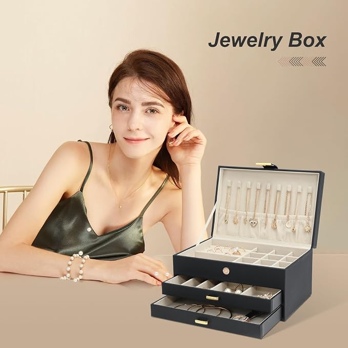 Jewelry Holder Organizer, Leather Jewelry Set Box with 2 Drawers, Jewelry Storage Box for Women Girls(Black) - Image 4