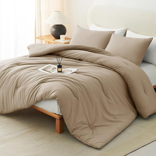 CozyLux King Size Comforter Set Taupe, 3 Pieces Solid Comforters King Size Breathable Quilted Bedding Sets, Luxury Soft Lightweight Bed Set with Down Alternative Comforter and 2 Pillowcases All Season