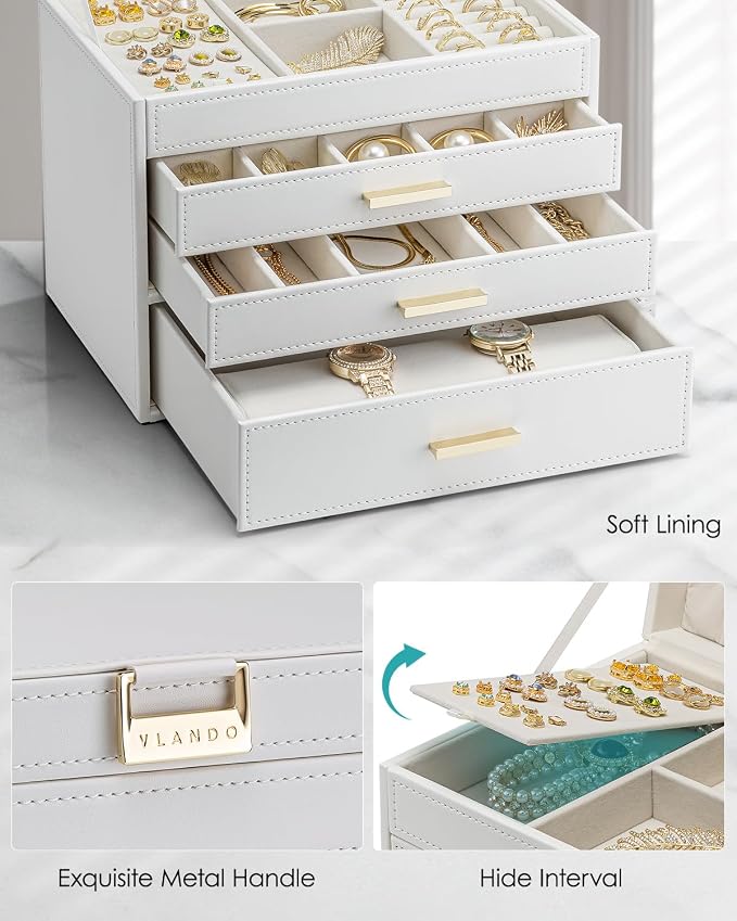 VLANDO 4 Layer Large Jewelry Box - Jewelry Holder Organizer, Jewelry Box Organizer for Drawer Necklace Ring Bracelet and Watch, Birthday Gift for Loved Ones - White - Image 4