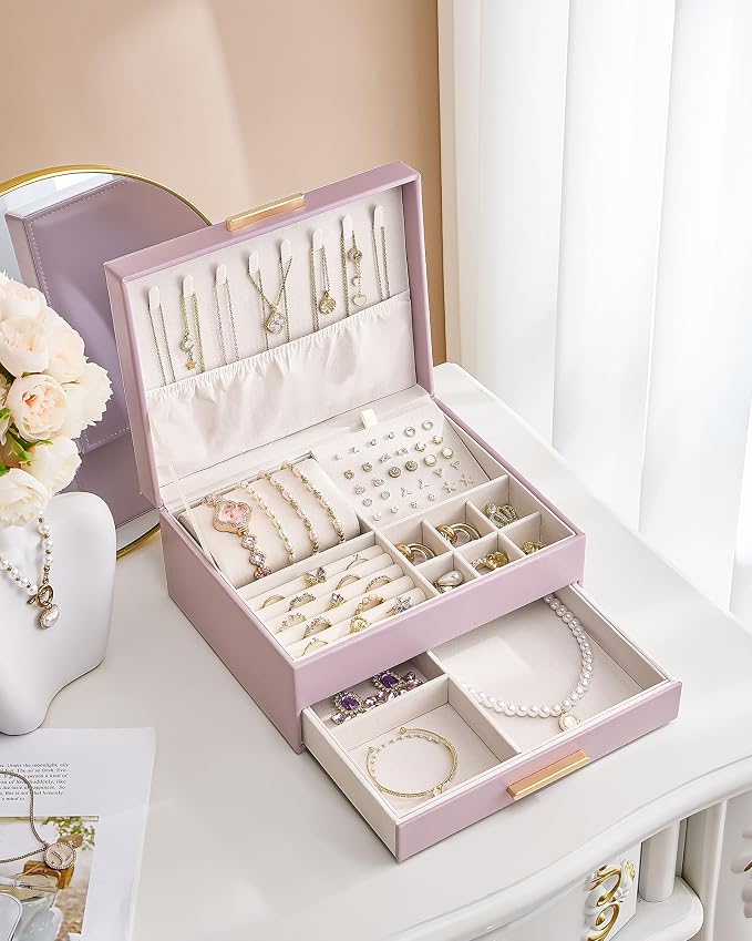 Lolalet 2-Layer Jewelry Box Organizer for Women Girls, Jewelry Storage Case Holder with Drawers for Necklaces Ring Earrings Bracelet Watch, Gifts Choice for Mom Mother’s Day -Purple - Image 8
