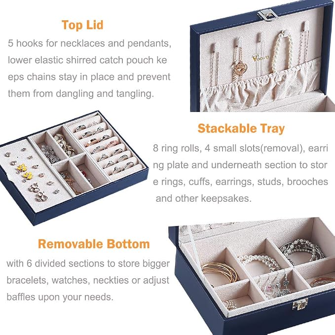 Voova Jewelry Box Organizer for Women Girls, 2 Layer Large Men Jewelry Storage Case,PU Leather Display Jewellery Holder with Removable Tray for Necklace Earrings Rings Bracelets，Vintage Gift，Navy Blue - Image 2