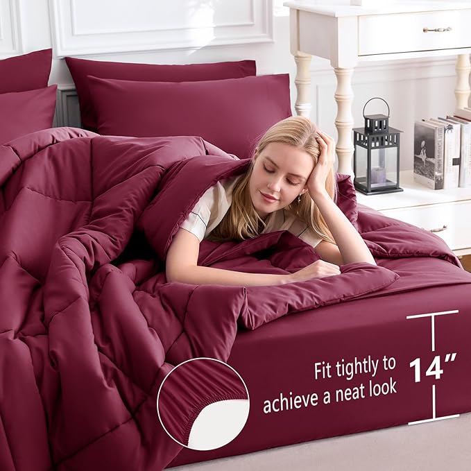 CozyLux Queen Comforter Set Burgundy, 7 Pieces Bed in a Bag, Red Comforters Queen Size, All Season Bedding Sets with Stitch Quilted Comforter, Flat Sheet, Fitted Sheet, Pillowcases