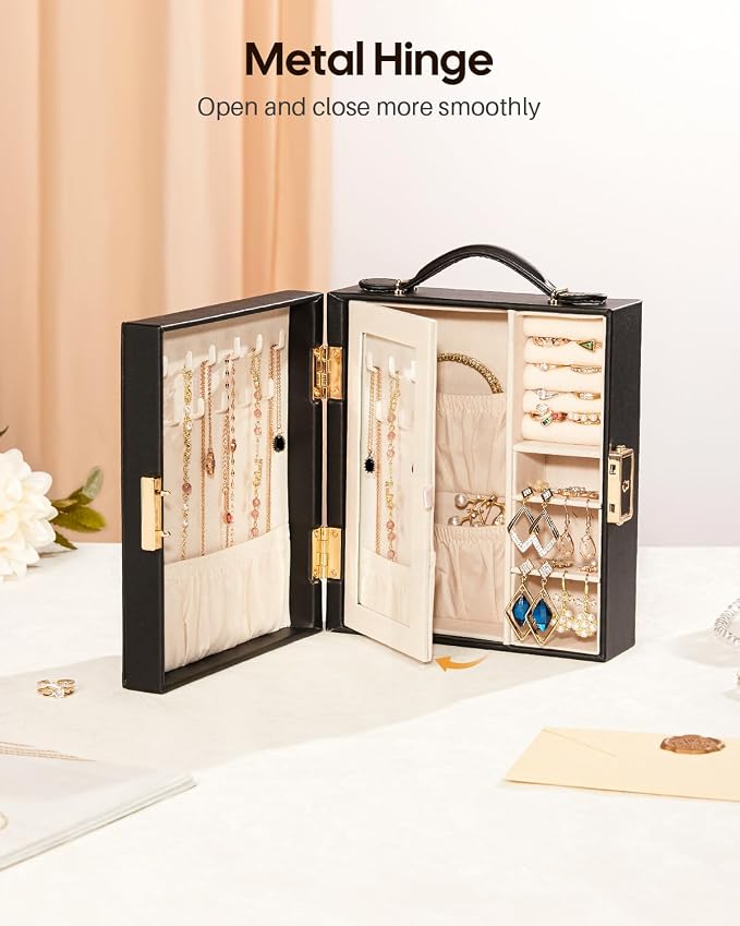 Enthralite Large Travel Jewelry Case: Portable Jewelry Box with Mirror - PU Leather Small Jewelry Organizer for Rings Earrings Necklaces Bracelets - Birthday Gift for Her - Jewelry Storage - Image 3