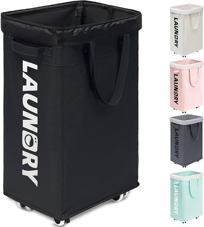 Goodpick Black Laundry Hamper with Wheels, 75L Dirty Clothes Hamper with Removable Wash Bag for Laundry Room, Rolling Laundry Basket by Goodpick
