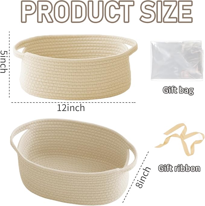 JMvicyroam Woven Basket,Small Rope Storage Bin with Handles & Ribbon Bag, Organizer for Shelves Closets,Gift Basket Empty for Birthday,Books,Dog Toys,Beige/3 Pack - Image 2