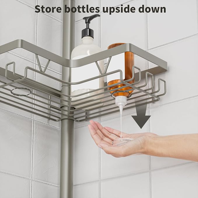 KEGII Shower Caddy Tension Pole, 4-Tier Rustproof Adjustable Corner Bathroom Organizer for Renters, 25–114.2 Inch No Drill Space-Saving Shower Storage Rack, Silver Gray - Image 5