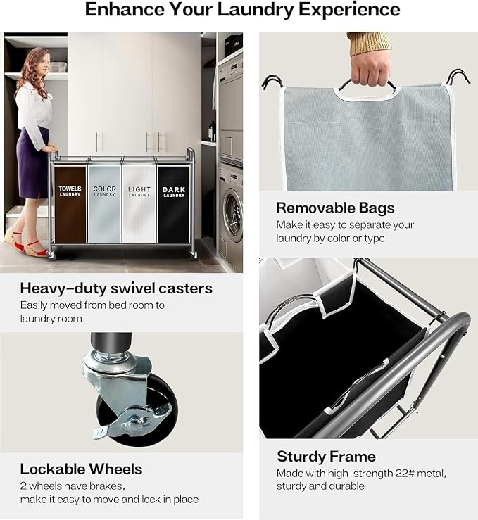 ROMOON Laundry Hamper Sorter Cart: 4-Section Organizer with Heavy-Duty Lockable Wheels and Removable Bags | 180L Rolling Laundry Basket for Dirty Clothes in Laundry Room or Small Spaces (Multicolor) - Image 5