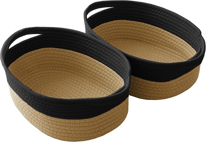 JMvicyroam Woven Basket,Small Rope Storage Bin with Handles & Ribbon Bag, Organizer for Shelves Closets,Gift Basket Empty for Birthday,Books,Dog Toys, Black&Jute/2 Pack by JMvicyroam
