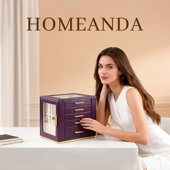 Homeanda Jewelry Box for Women with Glass Lid, 5 Drawers Jewelry Organizer and Storage for Necklaces, Rings, Earrings, Bracelets, Gift for Girls and Teens,PU Leather (Purple) - Image 2