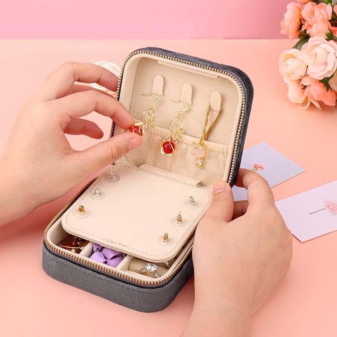 DesignSter Travel Jewelry Box - Velvet Mini Jewelry Organizer, Small Jewelry Case for Girls Women, Jewelry Storage Box for Rings Earrings Necklace (Square, Cool Gray) - Image 6