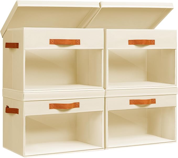 Homsorout Large Storage Bins with Lids - 4 Pack Foldable Decorative Organizers with Clear Windows & Handles, Cube Storage Organizers for Clothes, Blankets, Sweaters, Sheets, Beige by Homsorout