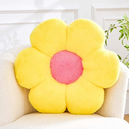 Kcvvcr Flower Pillow Cute Decorative Throw Pillow with Faux Rabbit Fur Soft Daisy Plush Floor Cushion Aesthetic Flower Shaped Pillow Home Decor for Bed Sofa Couch (Yellow 19.6 Inch)