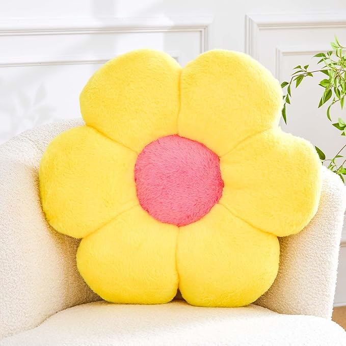 Kcvvcr Flower Pillow Cute Decorative Throw Pillow with Faux Rabbit Fur Soft Daisy Plush Floor Cushion Aesthetic Flower Shaped Pillow Home Decor for Bed Sofa Couch (Yellow 14.9 Inch)