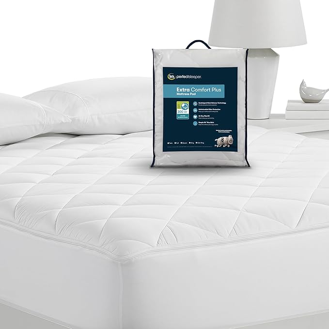 Serta Air Dry Extra Comfort Plus 100% Cotton Fabric Quilted Mattress Pad, Cooling and Breathable Mattress Cover, Moisture Wicking Protection with 18" Deep Pocket, King, White