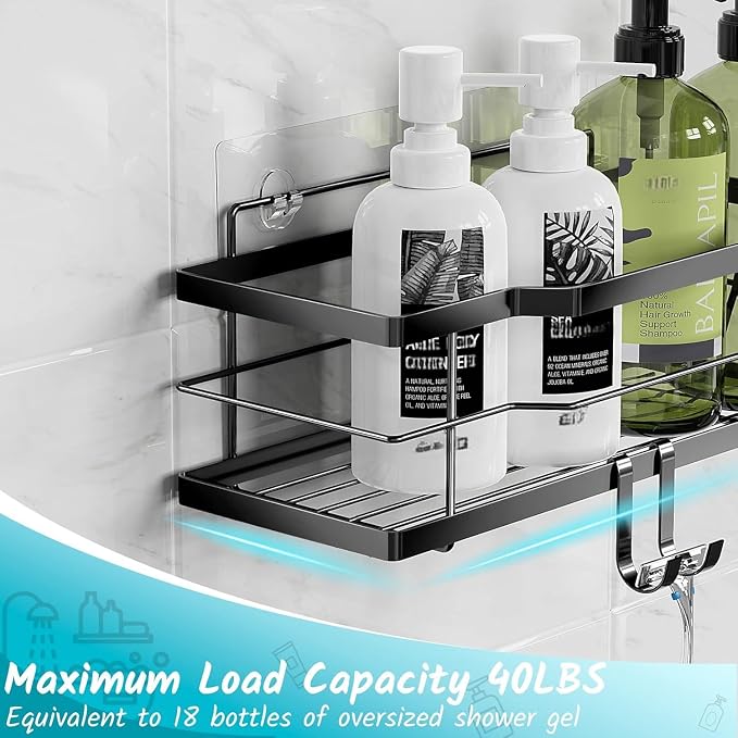 Moforoco Shower Caddy Shelf Organizer Rack, Self Adhesive Black Bathroom Shelves Basket, Home Farmhouse Wall Inside Organization and Storage Decor Rv Accessories, First Camper Apartment Essentials - Image 3