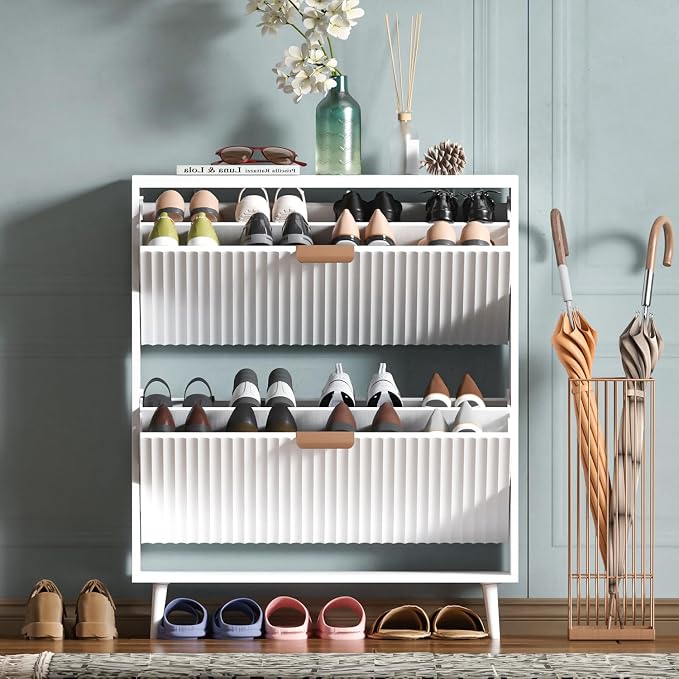 Shoe Cabinet Storage,Modern Freestanding Organizer with 2 Flip Drawers,Narrow Shoe Rack Cabinet for Entryway,White by QIVOMIX