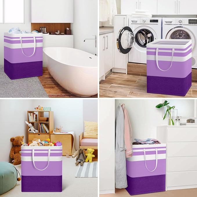 HomeHacks 2 Pack Large Laundry Baskets, Waterproof, Freestanding Laundry Hampers, Collapsible Clothes Hamper with Reinforced Handles in Laundry, College Dorm, Bathroom, Bedroom (Purple, 125Lx2) - Image 6