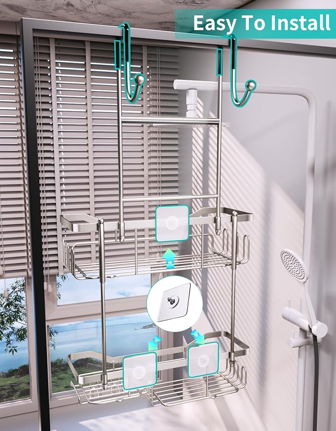 HapiRm Hanging Shower Caddy Over the Door with Soap Holder, No Drilling Adhesive Shower Organizer with 11 Hooks, Rustproof & Waterproof 304 Stainless Steel Bathroom Shelves - Brushed Nickel - Image 4