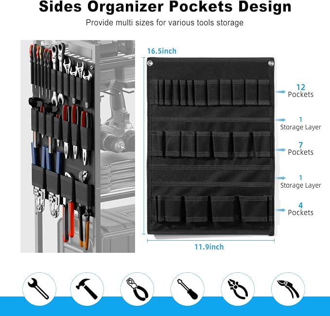 JUNNUJ Large Power Tool Organizer Cart with Charging Station, Garage Floor Standing Rolling Drill and Tools Battery Storage Cart on Wheels, Heavy Duty Rack Shelf with 8 Outlet 10 FT Power Strip, Black - Image 3