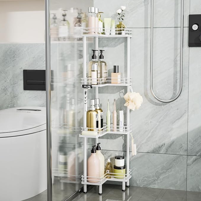 Consumest Corner Shower Caddy Standing - 4-Tier Stainless Steel Shower Organizer with Soap Holder and 4 Hooks, Large Capacity Corner Shelf Stand for Bathroom, Rest Room, White - Image 4