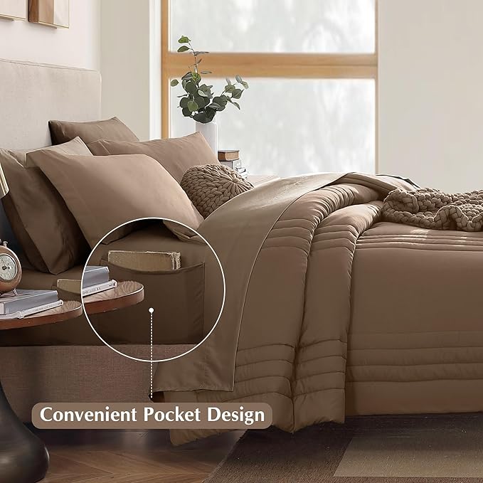 Monbix Queen Comforter Set - 7 Pieces Raw Umber Bed in a Bag Queen Bedding Sets with Comforters, All Seasons Comforter Bed Set with Sheets, Pillowcases & Shams