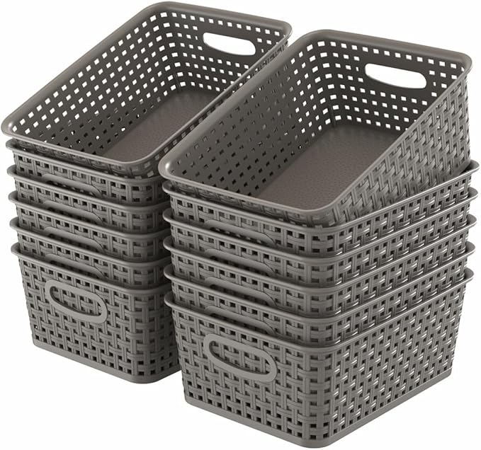 WYT 12-Pack Plastic Small Shelf Storage Weave Baskets for Organizing, Grey by WYT