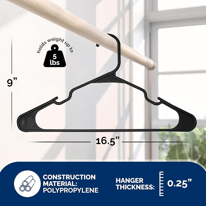 Closetselect Plastic Hangers 50 Pack - Space Saving Clothes Hangers, Made in USA, Durable & Strong Plastic Shirt & Coat Hanger with Notches & Shoulder Grooves, Non-Slip Clothing Hangers | Black - Image 2