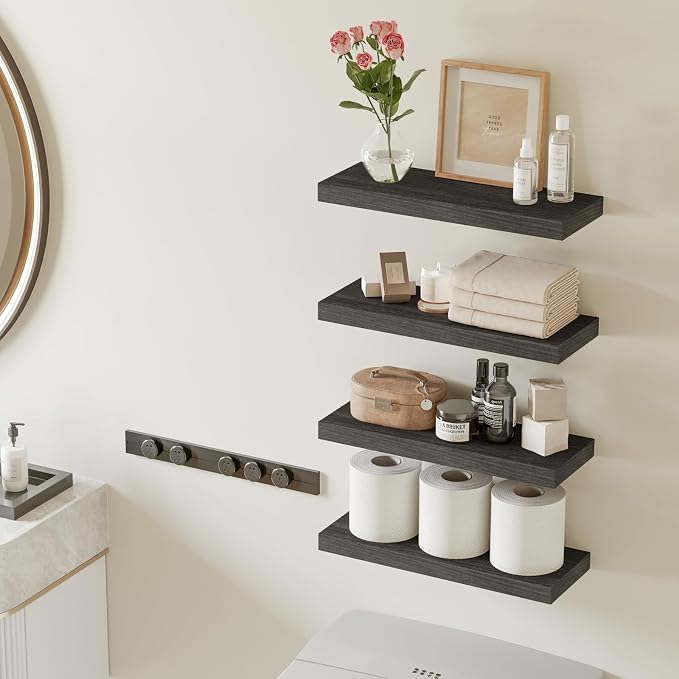 Fixwal 15.8in Floating Shelves, Rustic Wood Finish Wall Shelves Set of 4, Shelves for Wall Decor, with Invisible Brackets for Bathroom, Living Room,Bedroom and Kitchen(Gray) - Image 2