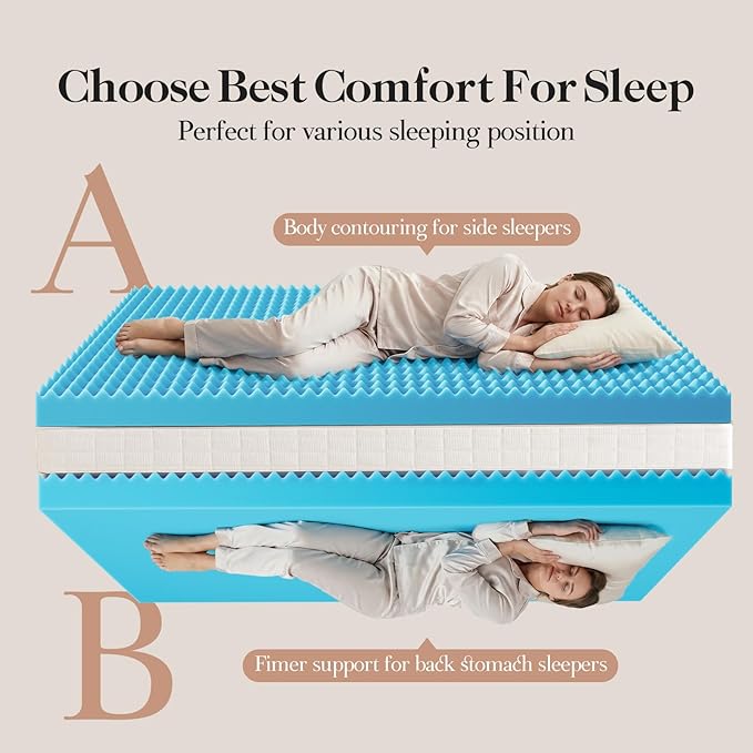 OhGeni Cooling 5 Inch Twin XL Dual Layer Mattress Topper, 3 Inch Egg Crate Gel Memory Foam, 2 Inch Pillow Top Pad, College Dorm Essentials Bedroom Mattresses Cover, Sleep Comfort and Back Pain Relief