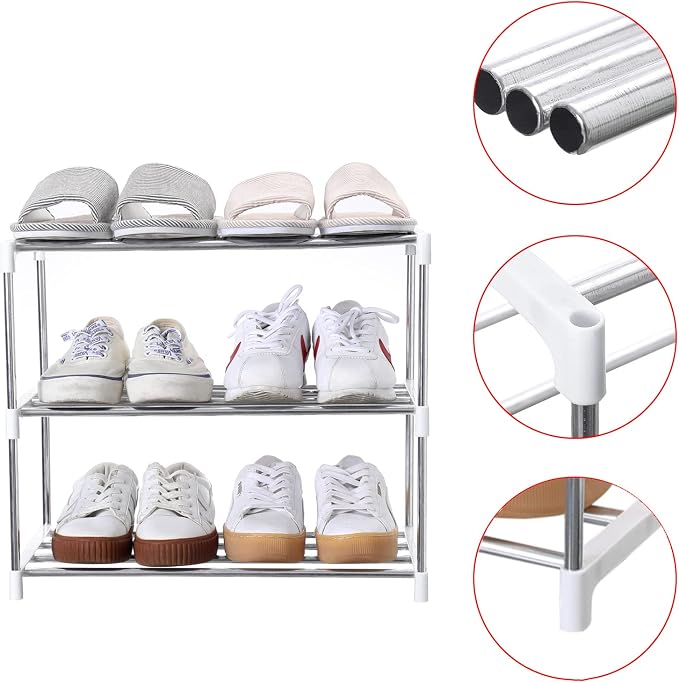 Jucaifu Stackable Small Shoe Rack, Entryway, Hallway and Closet Space Saving Storage and Organization (3-Tier, White) - Image 5