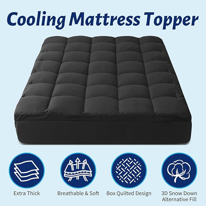 Thick Mattress Topper Twin with Deep Pocket, Extra Pillow Top Mattress Pad, Breathable & Cooling Mattress Cover, Fits 8-21 Inch, Soft Support for Back Pain Relief, Mattress Protector (Twin, Black)