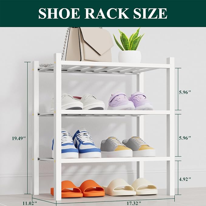 Smiry Shoe Rack, 3 Tier Thick Small Bamboo Shoe Organizer, Stackable Free Standing Wooden Shoe Storage Shelf for Closet, Entryway, Front Door Entrance, White - Image 2