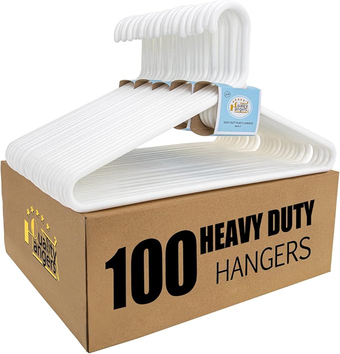 Quality White Plastic Hangers 100 Pack - Super Heavy Duty Multipack for Clothes - Thick Strong Standard Closet Clothing Hangers with Hook for Scarves and Belts-17 for Coats (White, 100) by QualityHangers