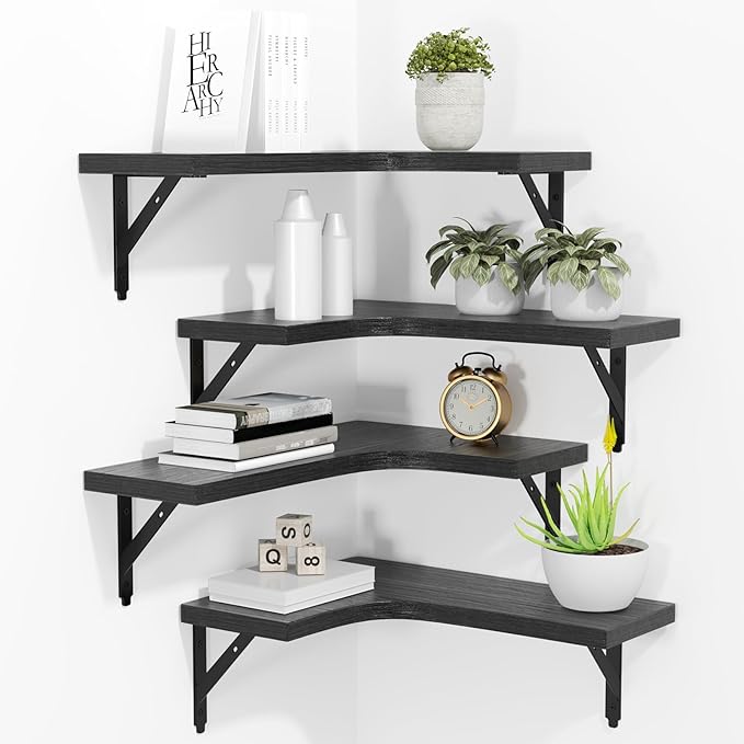 ROMGUAR CRAFT Corner Floating Shelves Wall Mounted Set of 4, Rustic Wood Storage Display Shelves for Home Decor, Bathroom, Kitchen, Bedroom, Living Room, Office (Black) by ROMGUAR+CRAFT