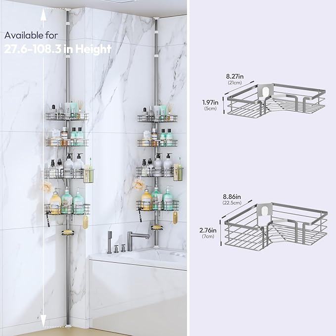 SWTYMIKI Shower Caddy Tension Pole - 4-Tier Corner Shower Organizer Tension Rod with Soap Holder, Toothbrush Holder & 4 Hooks, Adjustable Stainless Steel Bathroom Organizer 27.6 to 108.3 inch, Silver - Image 5