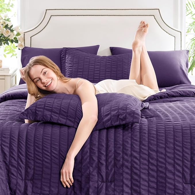 CozyLux King Size Comforter Set Purple Seersucker 7 Pieces Bed in a Bag King Comforter Set with Sheets, Luxury Soft Bedding Sets with Down Alternative Comforter, Sheets, Pillowcases & Shams All Season
