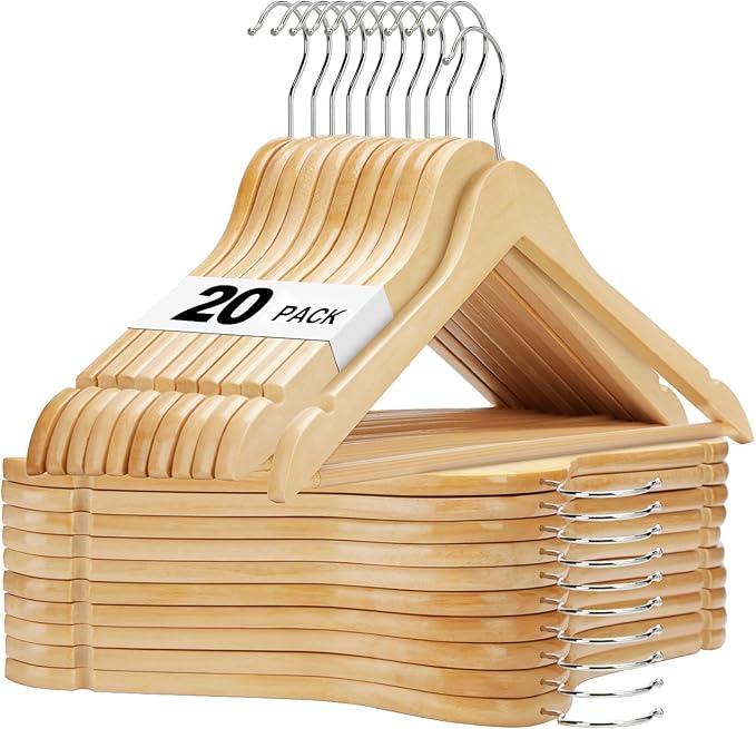 HOUSE DAY Wooden Hangers 20 Pack, Solid Wood Hanger with Non Slip Pant Bar, Heavy Duty Wooden Coat Hanger for Closet, Smooth Finish Wood Clothes Hangers for Shirts, Suits, Jackets, Dresses, Natural by HOUSEDAY