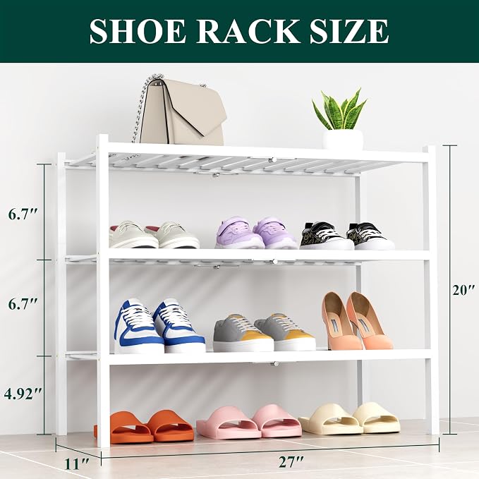 Smiry Shoe Rack, 3 Tier Thick Bamboo Shoe Organizer, Stackable Free Standing Wooden Shoe Storage Shelf for Closet, Entryway, Front Door Entrance, White - Image 2