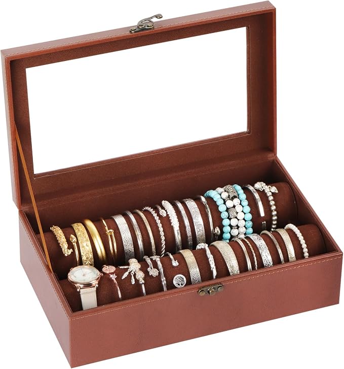 AUTOARK Bracelet & Watch Storage Box with Glass Lid & 2 Anti-Roll Rods,PU Leather Jewelry Case,Soft Lined Locking Organizer for Women,Gift for Dresser & Cabinet Display,Coffee,MKAW143 by AUTOARK