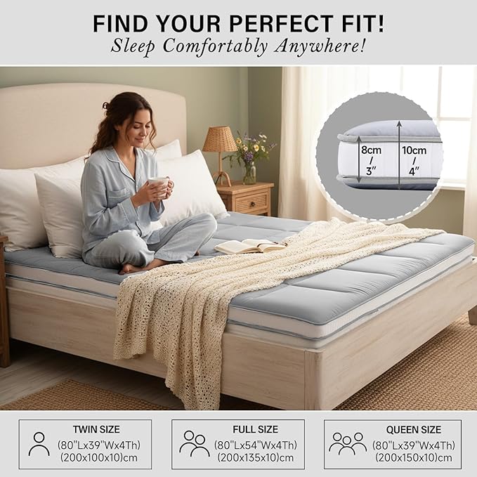 Tiita Memory Foam Mattress Topper Twin Size, 4" Thicken Futon Mattress with Storage Bag and 2 Straps, Portable Roll Up Travel Car Camping Mattress Floor Sleeping Pad, Grey