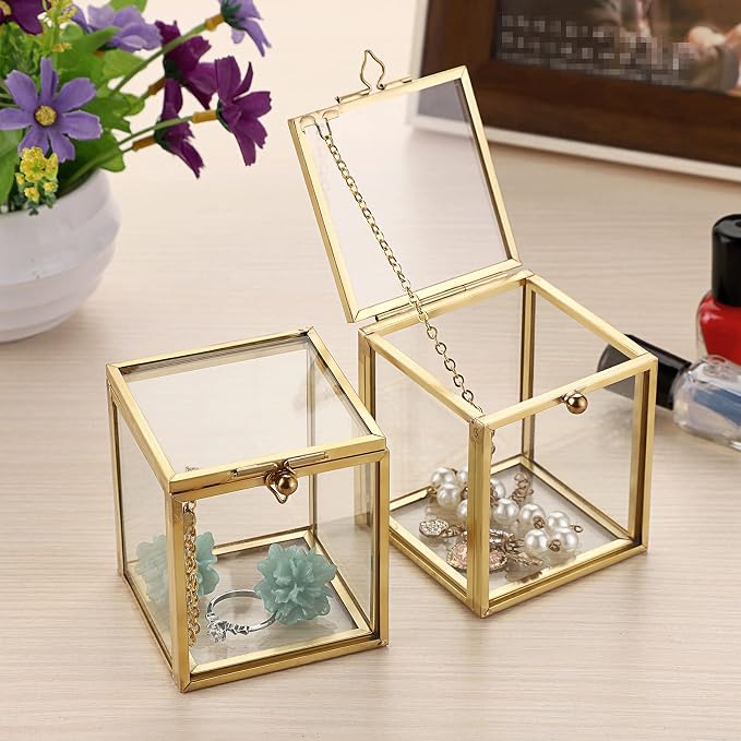 Hipiwe 2 Packs Vintage Glass Jewelry Organizer Box - Small Golden Metal Keepsake Box Desktop Jewelry Organizer Holder, Wedding Birthday Gift, Square Vanity Decorative Box for Dresser Bathroom - Image 2