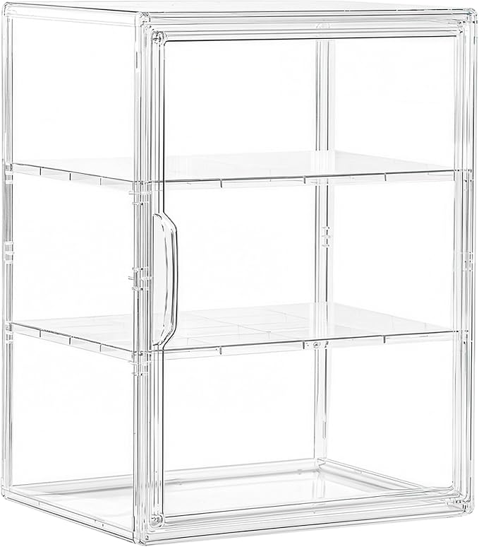 Acrylic Display Case for Collectibles, 3 Tier Clear Storage Bin with 3 Adjustable Layers and 2 Removable Divider, Stackable Clear Storage Box with Magnetic Door for Figures, Home or Office,Large by Attelite