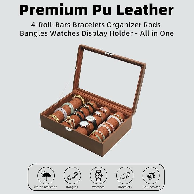 Bracelets Organizer Rods Bangles Display Holder, Clear See through Lid Leather Velvet Jewelry Storage Box Case for Women, 4 Rods Brown Leather - Image 6