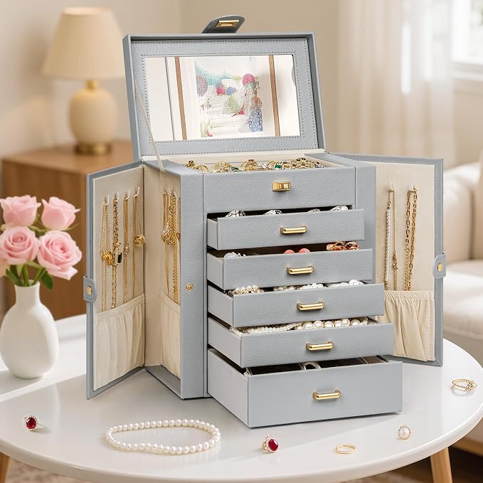 AKOZLIN 6-Tier Jewelry Box Organizer Functional 5 Drawers Leather Jewelry Storage Case for Women Girls Ring Necklace Earring Bracelet Holder Organizer with Mirror Grey - Image 8