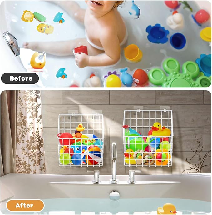 Greentainer 2 Pack Bath Toy Storage Organizer, Large Rustproof Metal Wire Basket, Wall Mounted Hanging Bathtub Holder, Bathroom Shower Caddy for Tub Toys & Toiletries - Image 3
