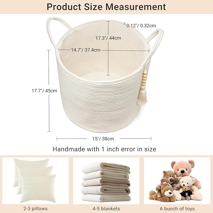 Mkono Tall Laundry Basket Woven Decorative Rope Storage Basket Wooden Bead Decoration for Blankets Toys Clothes Shoes Organizer Bin with Handles Living Room Home Decor, 15" W x 17.7" L, White - Image 5
