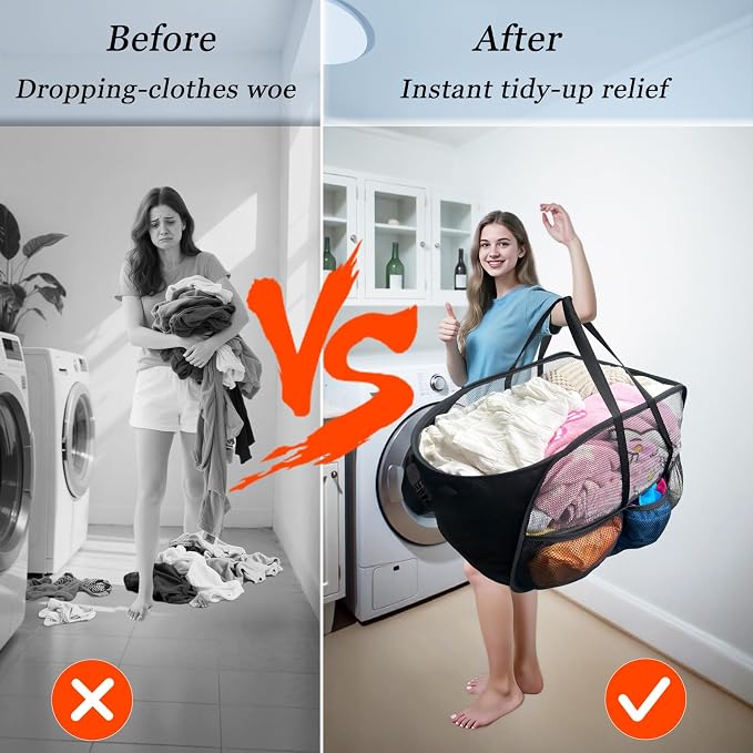 Upgraded Cationic XL Collapsible Laundry Baskets, 100L Extra Large Mesh Pop Up Hamper with Handles and bag, Portable Stair Basket, Dirty Clothes Hamper for Cruise Travel Bedroom. Black - Image 9