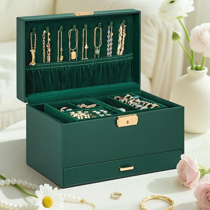 AKOZLIN Travel Jewelry Box Organizer Functional 2-trays Leather Jewelry Storage Case with Lockable Portable Drawer for Women Girls Ring Necklace Earring Bracelet - Image 6