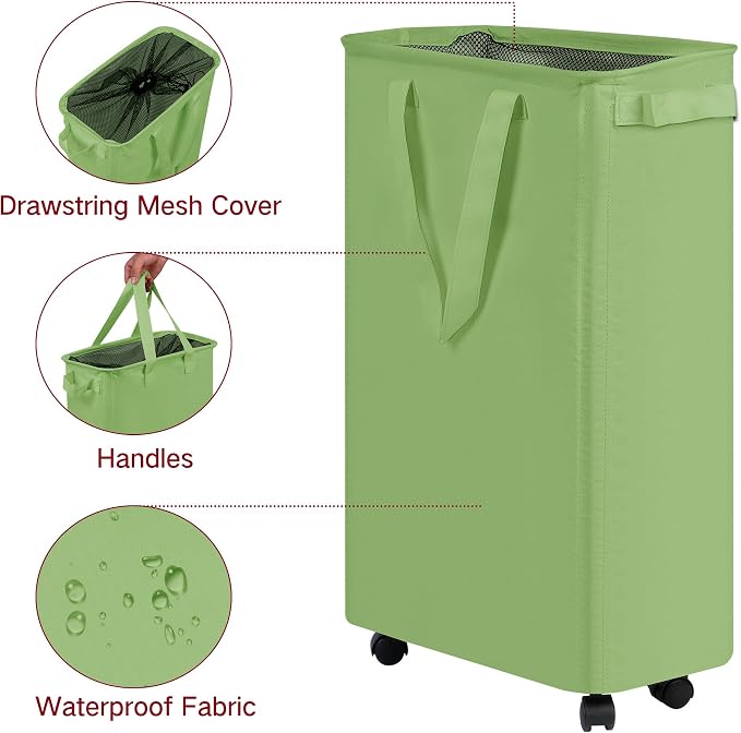 efluky Slim Laundry Hamper with Wheels, Rolling Laundry Basket for Clothes, Small Laundry Basket for Bedroom, Dorm and Laundry Room, 60L (12.7 Gallons) Green - Image 3